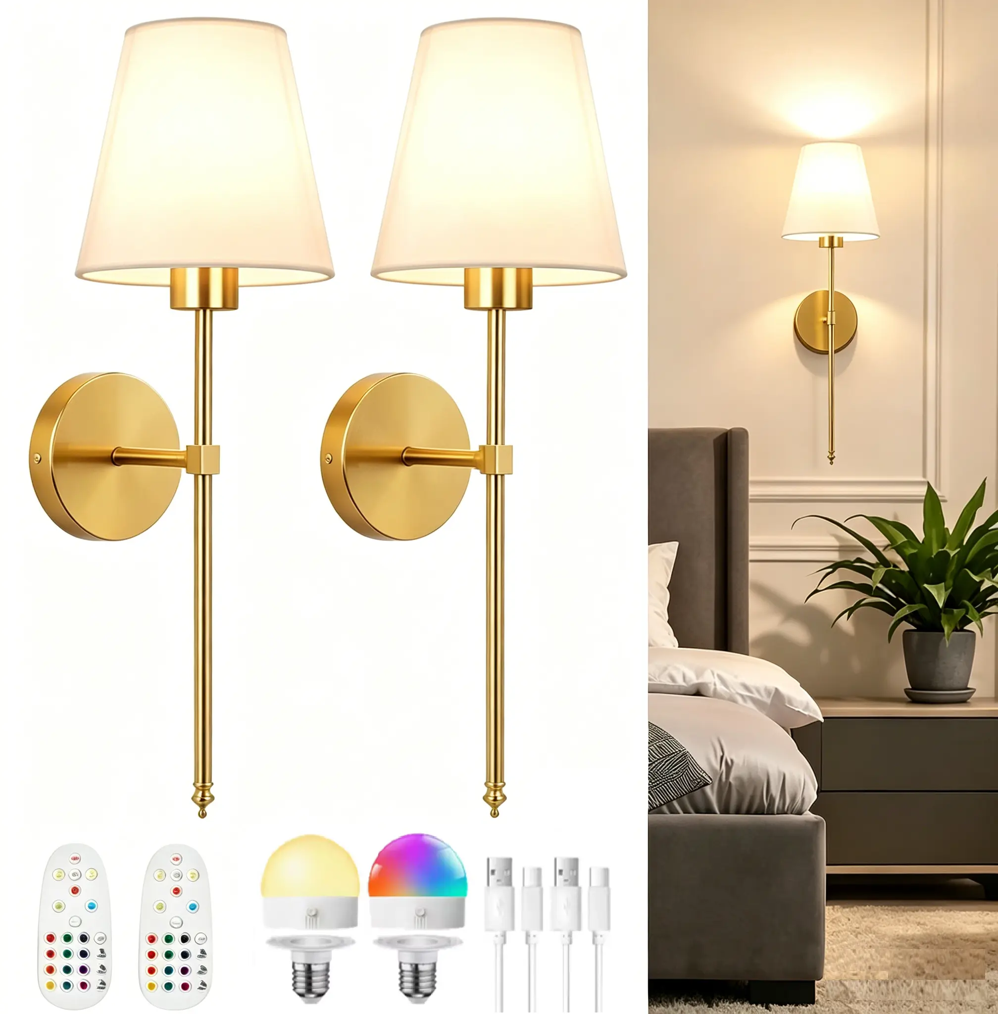 Battery Operated Wall Sconce Set of 2 Wireless Wall Lights with Dimmable Bulbs and Remote for Bedroom - Rechargeable Gold Wall Lamp for Living Room Hallway holiday gift