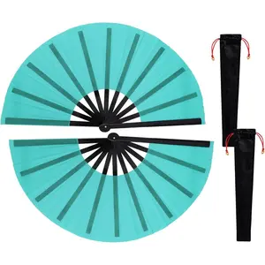 2 Packs Large Rave Fan Handheld Folding Fans Nylon Cloth Foldable with Holder Sleeve for Men and Women Performance Line Dance Chinese Kung Fu Tai  Decorations Festival Party  (Blue)