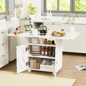 Dreamzon 47" Wood Folding Dining Table with storage rack and cabinet, Removable Entryway Table with 6 Wheels, White Marble Color Kitchen Island, Side Table and Coffee Table Versatile Table Space Saving