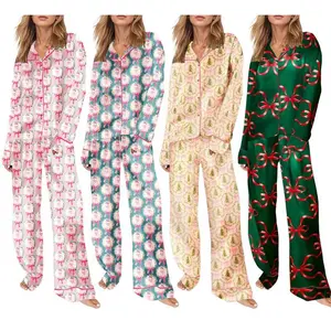 WomenChristmasPajamasSet2PiecesLoungewearSuitsBow/Santa/TreePrintLongSleeveShirtsTopsandPantsSleepwearOutfitsWomenswearCheckLightPjsTrouserPyjamas
