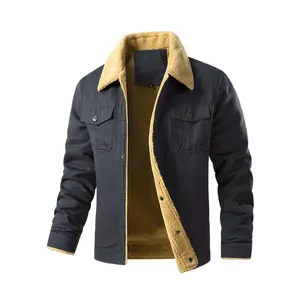 Bmuvlss Men's Heavy-Duty Fleece-Lined Sheepskin Jacket - Thickened Winter Workwear Coat with Stand Collar, Full-Zip Closure & Zippered Pockets, Machine Washable Lining, Casual Outdoor Jacket for Cold Weather (Black/Navy/Brown/Tan) - Ideal for Construction