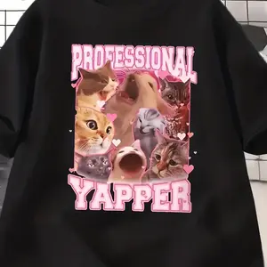 Cute Cat Pattern Graphic Cotton T-Shirt, Kawaii Casual Crew Neck Tee Ideal Holiday Gift
