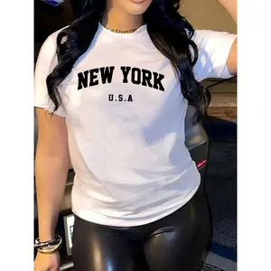 Women's New York Print T-Shirt Polyester Blend Casual Crew Neck Alphabet Pattern Short Sleeve Regular Length Knit Top for All Seasons