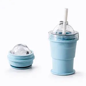 Portable foldable silicone ice cup with ice ball maker and straw — collapsible travel cup for summer drinks