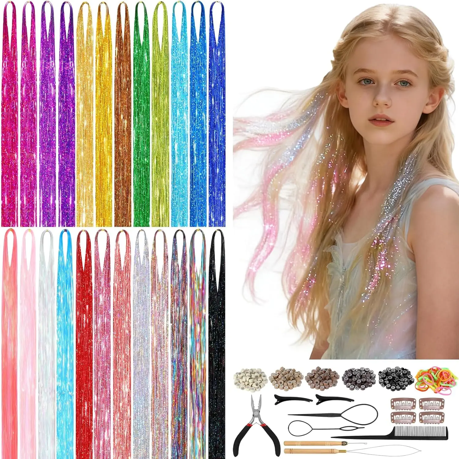 8400 Strands Hair Tinsel Kit for Girls, 24-Color 48 Inches Fairy