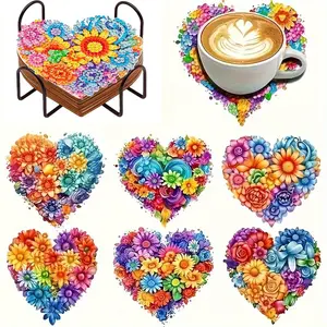 6-Piece Heart Pattern Diamond Painting Wooden Coasters, DIY Creative Diamond Art Coasters, Perfect for Home Decor and Holiday Gifts