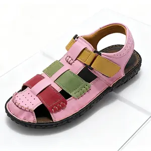 Women's closed-toe ,Closed-toe summer sandals sandals Soft leather chunky heel casual open-back orthopedic slippers Women's athletic sandals Colorful striped flat loafers Soft rubber sole round toe