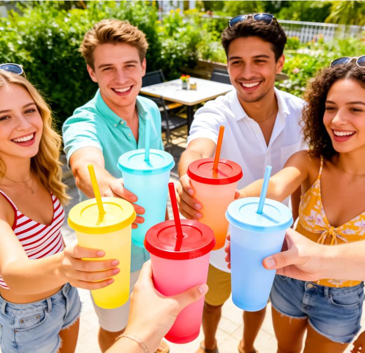 SIBAO 10 Pcs Plastic Color Changing Cups with lid and straws,24 oz Leak-proof Drink Tumblers for adults,Cold Drink Cups for Smoothie, fruit juices, yogurt, milk tea