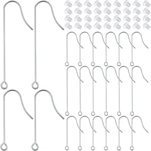 50pcs Stainless Steel Earring Hooks Hypoallergenic Ear Wire Hooks with Hanging Loop Earring Parts and 50pcs Clear Earring Backs for DIY Jewelry Making Supplies, 2 Sizes