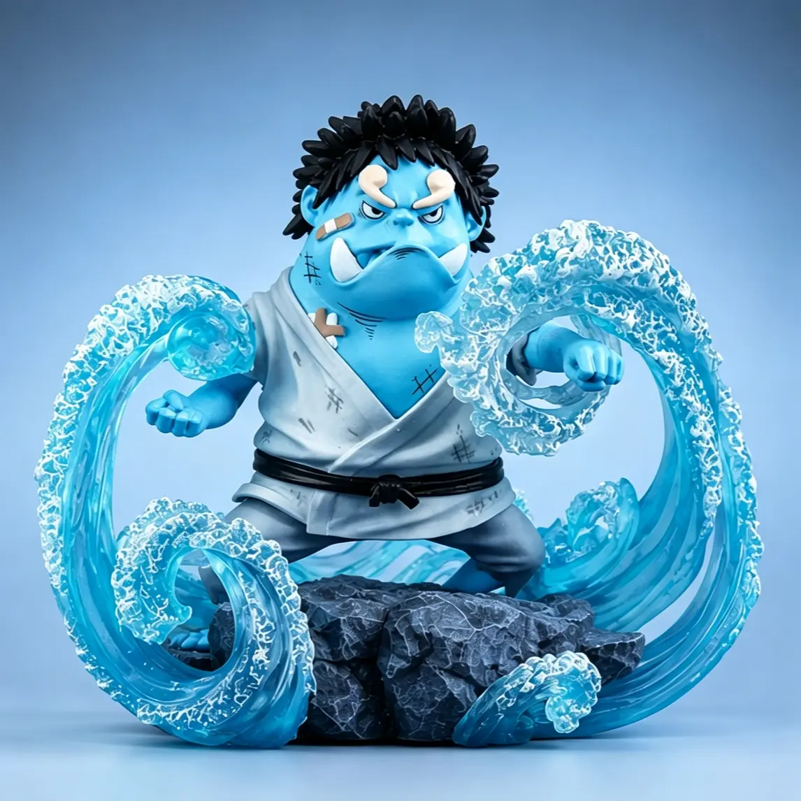 One Piece Childhood Jinbei Figure, Fishman Karate Classic Battle Pose, Transparent Wave Effect, Rock Base, Kimono, Belt, High Detail, Anime Figure, Collectible Action Figure, Figurine