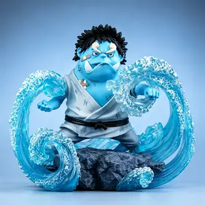 One Piece Childhood Jinbei Figure, Fishman Karate Classic Battle Pose, Transparent Wave Effect, Rock Base, Kimono, Belt, High Detail