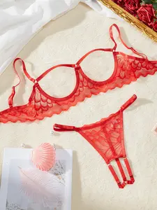 Sexy Fitted Hollow Out Thong Lingerie Set, 2 Piece Valentine's Day New Arrival, Perfect for Parties and Home Wear, European and American Style