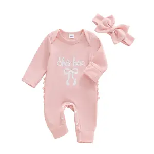 Shes Here Newborn Outfit Girl Long Sleeve Letter Romper Waffle Knit Bow Jumpsuit with Headband Baby Girl Preemie Coming Home Outfit