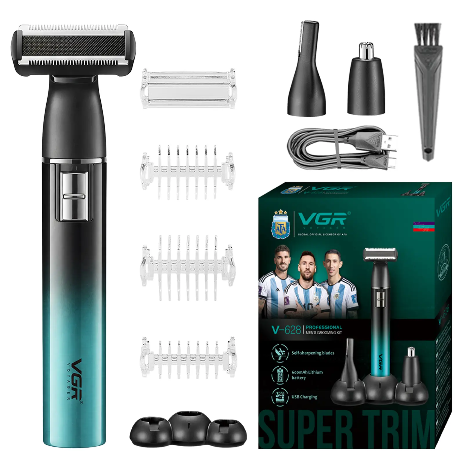 VGR 628 Cordless Beard Trimmer for Men with Zero-Gap T-Blade | 600mAh battery; 60min runtime; USB rechargeable; 3 guide combs; cleaning brush; charging cable