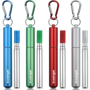 Cruise Ship Essentials, 4-Pack Reusable Collapsible Stainless Steel Drinking Straws With Aluminum Case, Cleaning Brush, and Keychains-Silver, Blue, Red, Green