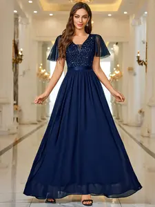 Miusol 54228 Women's Elegant Deep-V Neck Ruffle Tulle Sleeve Sequin Lace Contrast Chiffon Ruched Hem Formal Party Maxi Dress