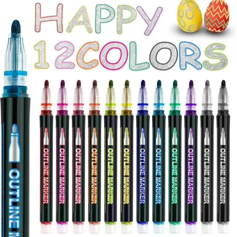 12 Colors Glitter Outline Markers Set for Kids Adults, Double Line Effect Water-Based Non-Toxic Pens for Art, Coloring, Drawing & Sketching, Dual-Color Metallic Reflective Art Supplies for DIY Crafts, Greeting Cards, Birthday Gifts & Stocking Stuffers