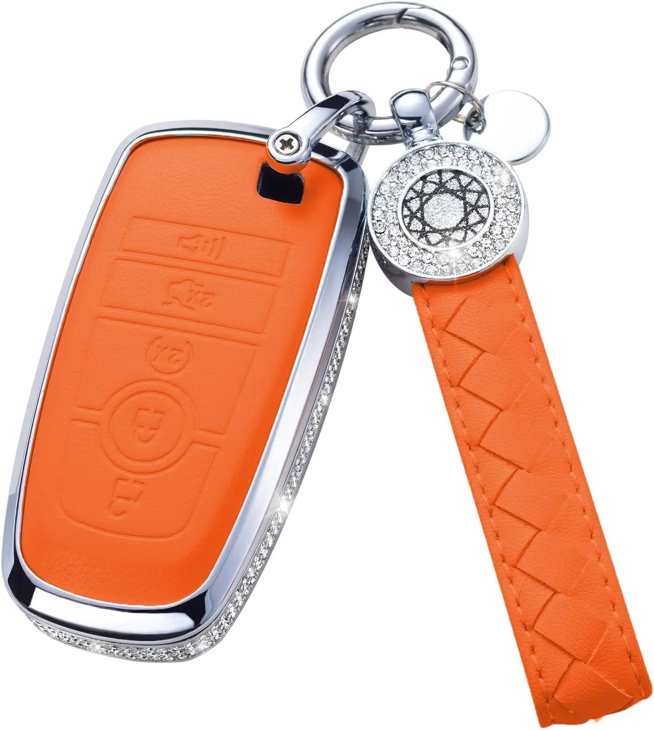 for  Key Fob Cover with Keychain, Orange Leather Rhinestone Key Case Protection  Compatible with Fusion F150 F250 F350 F450 F550 Edge Explorer Bling Car Accessories