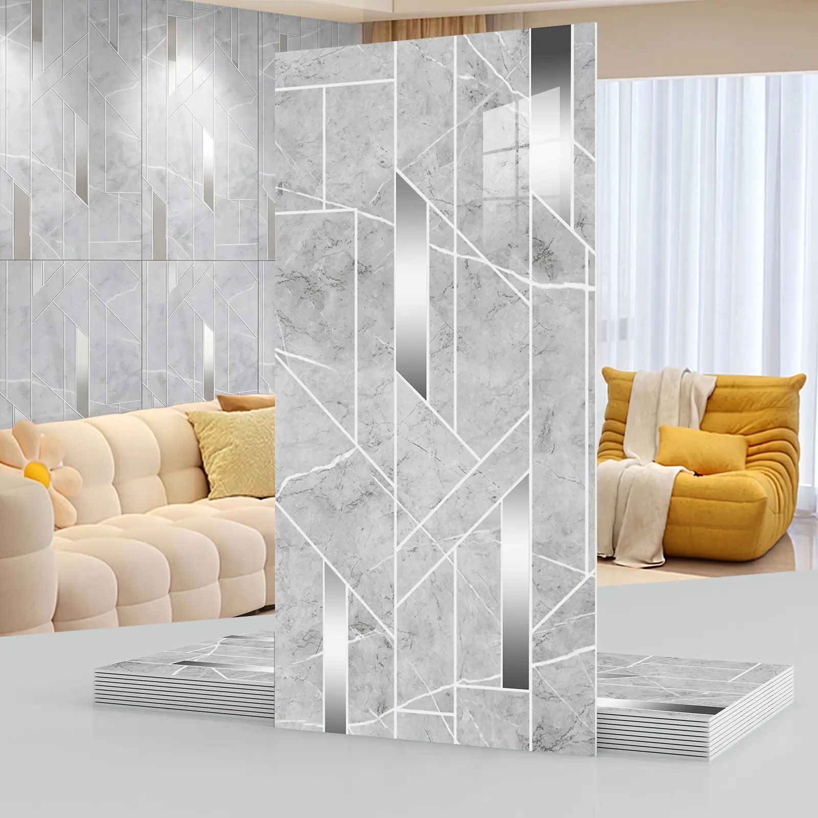 Marble-Look Rectangular PVC Wall Stickers Set Pack - 20/40 Pcs, Smooth Flat Modern Geometric Design, 23.62×11.8 in Peel-And-Stick Waterproof Self-Adhesive Panels, Indoor Home Decor for DIY Enthusiasts (Living Room, Bedroom)