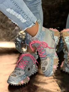 Street Style Sneakers, Full Rhinestone Embroidery + Colorblock Sole, Casual Textile Upper, Less Than Ankle Height, All Seasons