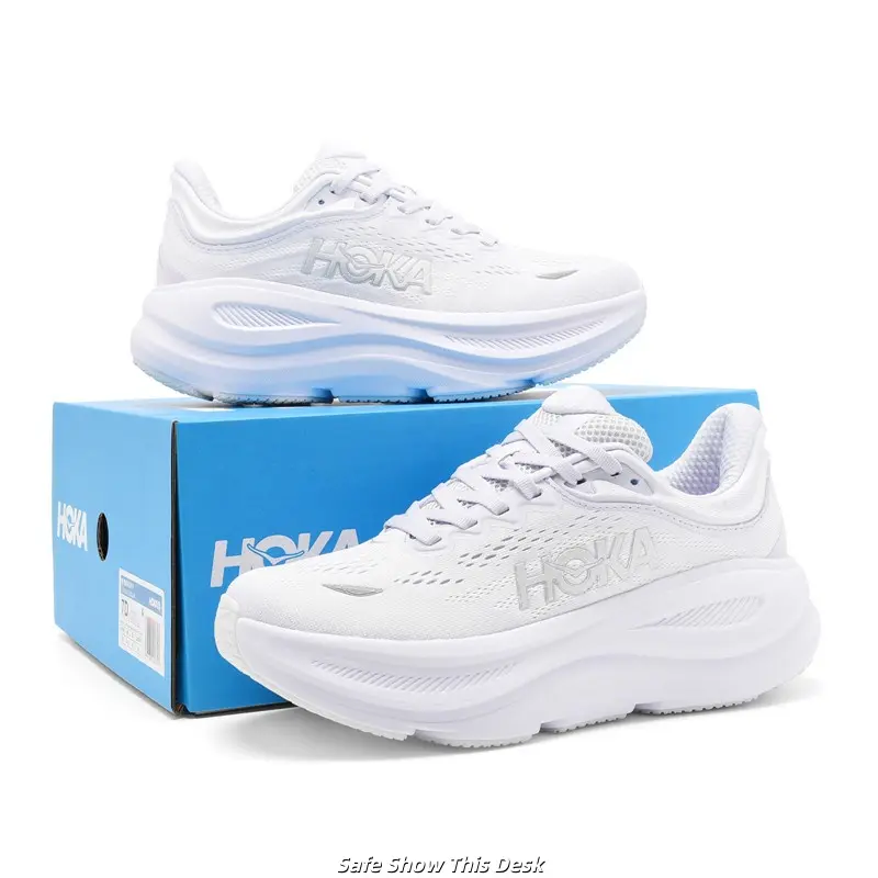 Brand New Sealed Original Box Unisex All White Light Mesh Running Sneakers Embossed Side Logo Wave Segmented Thick Cushion Sole White Non Slip Athletic Walking Gym Daily Sports Trainers