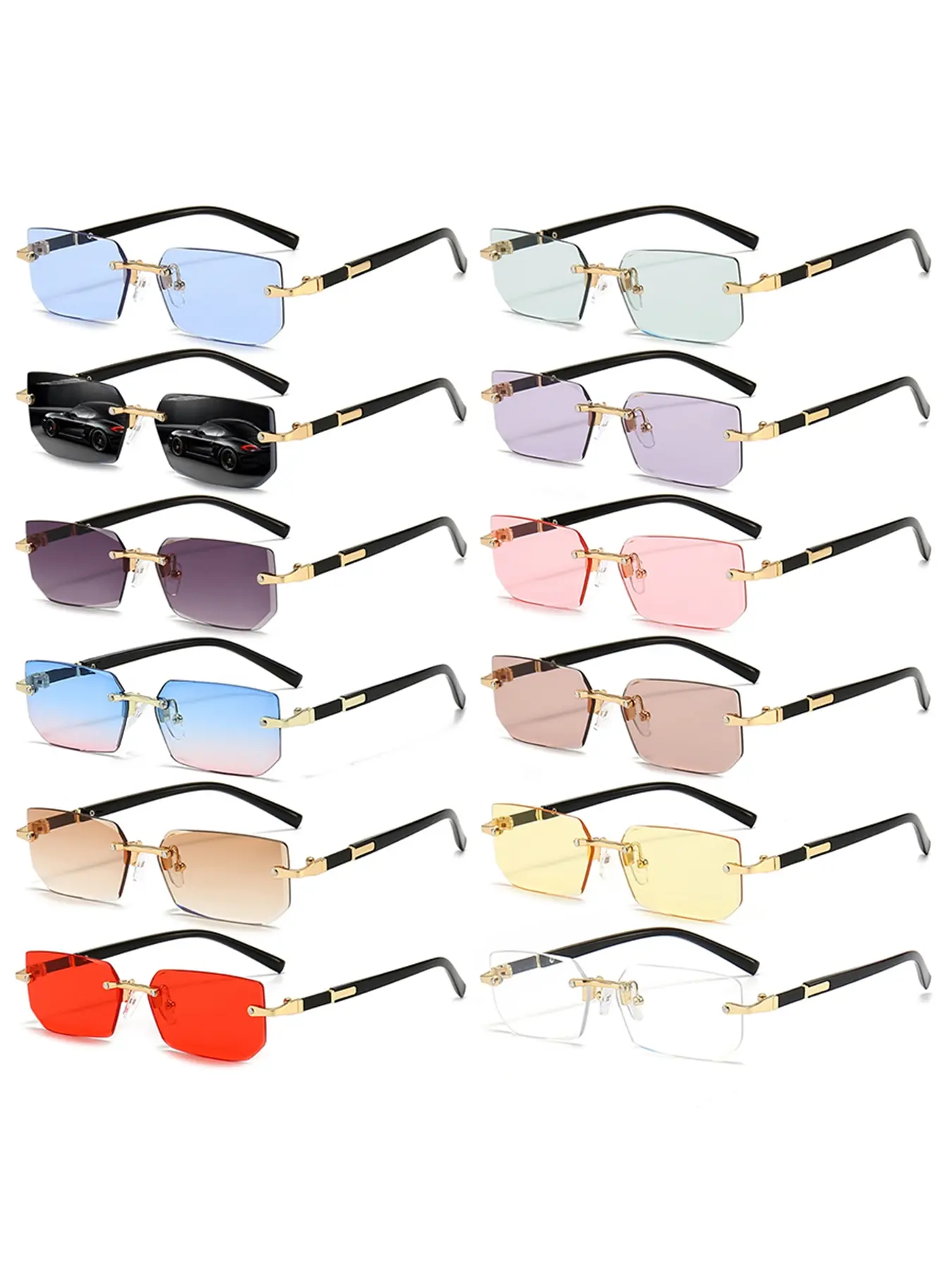 12pairs frameless rectangular gradient lenses, lightweight polycarbonate frame, multi-color selection, frameless design, metal legs increase durability, suitable for various occasions, Stylish Sunglasses, Trendy sunglasses, Modern Sunglasses Set