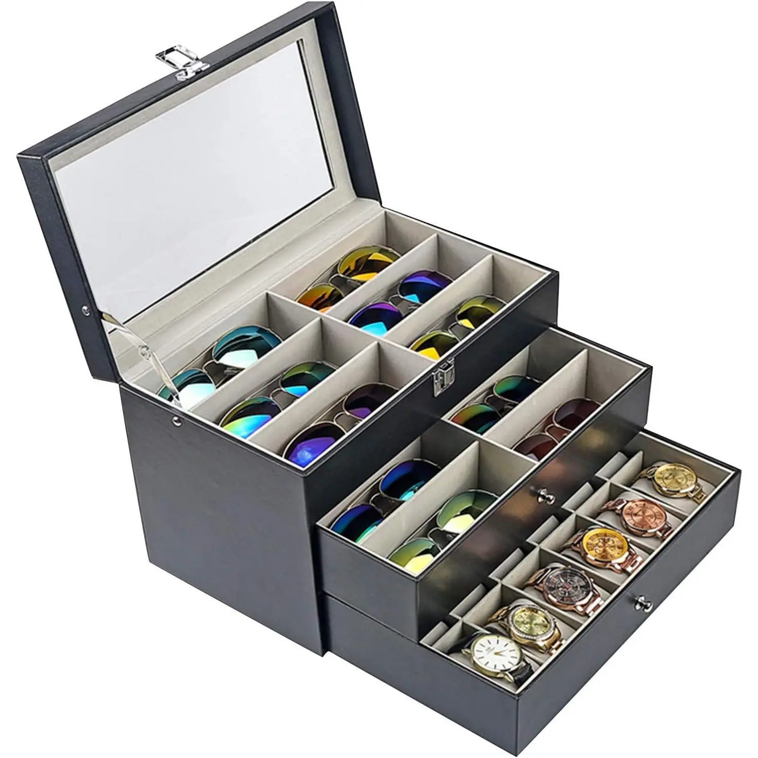 Silver PU Tabletop Eyeglasses Storage Box - 3-Layer, 24-Slot Modern Organizer for Sunglasses, Jewelry, Ideal Graduation Gift for Eyewear Enthusiasts