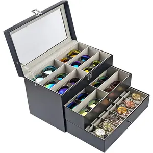 3 layer 24 Slots Eyeglass Sunglass Storage Watch Box Eyewear Accessories Display Glasses Storage Case Organizer (3 layer 24 Slots)