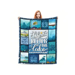 1pc "Life Is Better At The Lake" Throw Blanket - 80x60, Coastal Plaid Design, Polyester Flannel, Ideal For Camping & Relaxation, Perfect Gift For Lake Lovers, Camping Blanket | Nautical Theme Blanket | Vibrant Color Blanket-30*40in