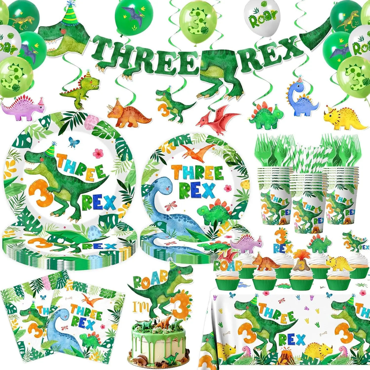 214 count Three Rex Birthday Decorations Tableware Boy,Dinosaur Paper Plates and Napkins for Birthday Party,12 Balloons,Banner,Tablecloth,Cups,TRex Dinosaur Theme 3 Year Old Boy Party Supplies,Serve 24