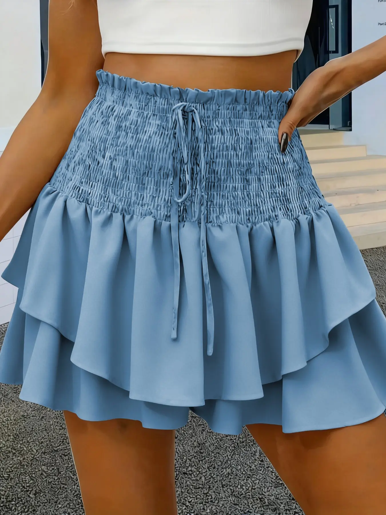 Women's Spring Summer High Waisted Casual Chic Culottes, Ditsy Floral Pattern, Loose-Fitting Tiered Design, Adjustable Tie Front Style, Womenswear, Bottom