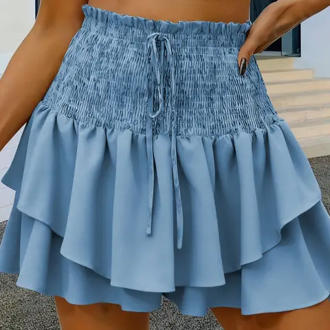 Women's Spring Summer High Waisted Casual Chic Culottes, Ditsy Floral Pattern, Loose-Fitting Tiered Design, Adjustable Tie Front Style, Womenswear, Bottom