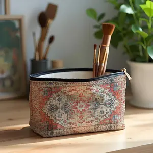 Vintage Middle Eastern Indian Style Printed Linen Bag, Durable Waterproof Design, Portable Zipper Pouch, Student Stationery Case, Travel Makeup Bag, Portable Cosmetic Bag