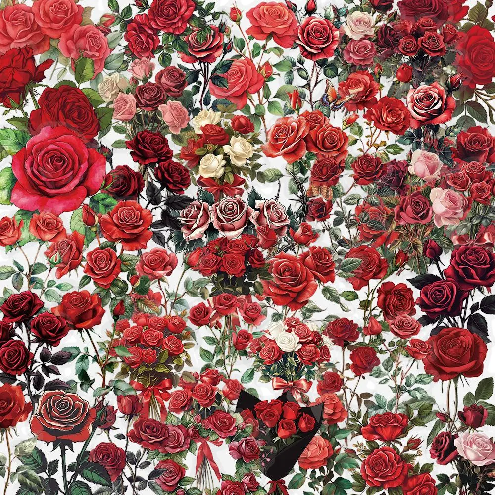 Rose Pattern Sticker Decal Set, 50pcs/set Waterproof Self Adhesive Decor Paper, Decor Sticker for Gift Greeting Card Water Bottle Laptop Phone Cellphone, Shockproof, Phone Decoration, Accessories