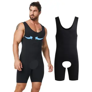 Men's Solid Open Crotch Design Scoop Neck Shapewear Tank Romper Bodysuit, Casual High Stretch Tummy Control Sleeveless Shaper, Tummy Tuck Shaper, Men's Shapewear for All SeasonsGift