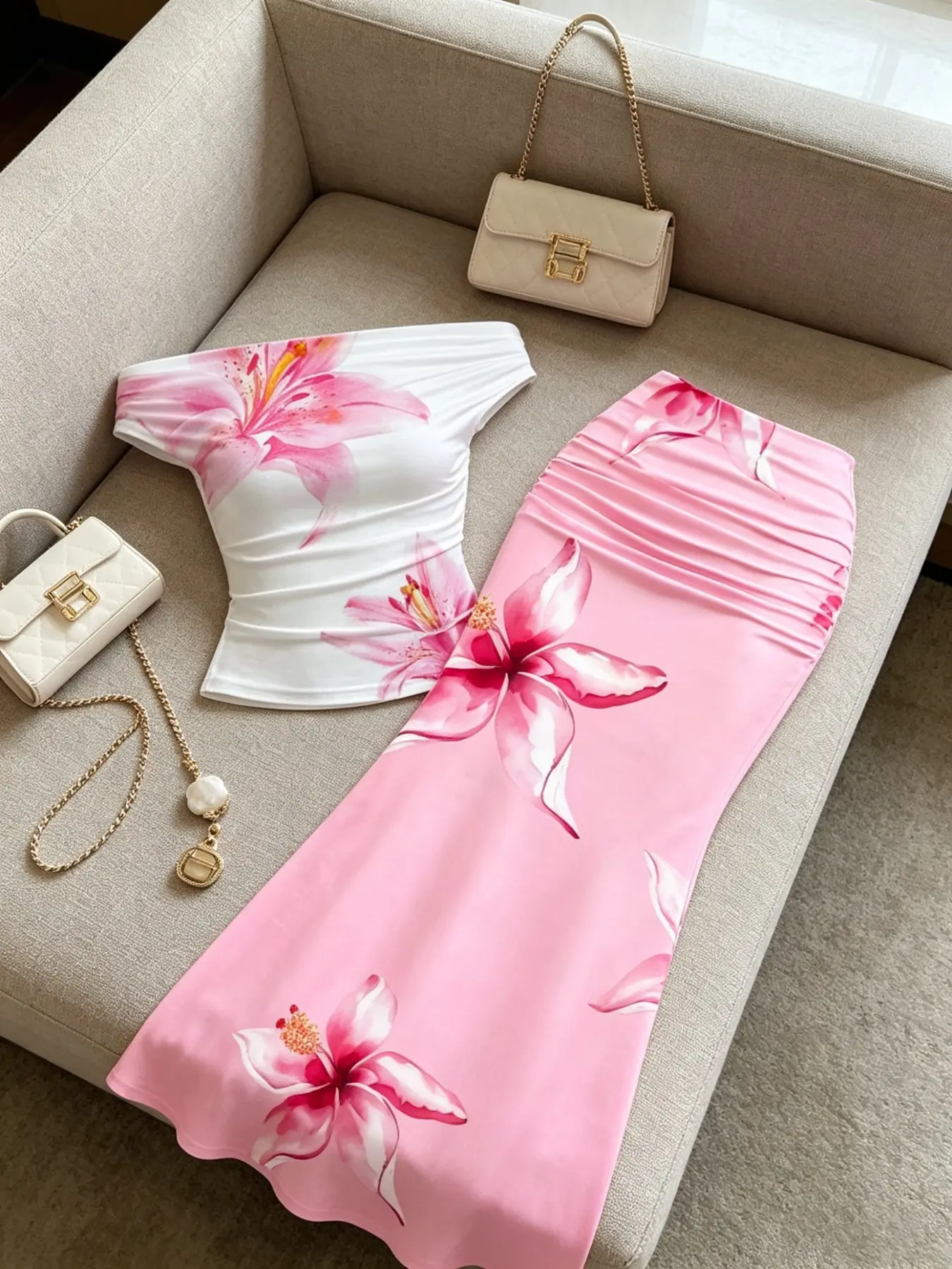 Elegant Floral One-Shoulder Sleeveless Short Top + High-Waisted Fish Tail Long Skirt Set, Summer Fashion for Women, Chic and Comfortable Style