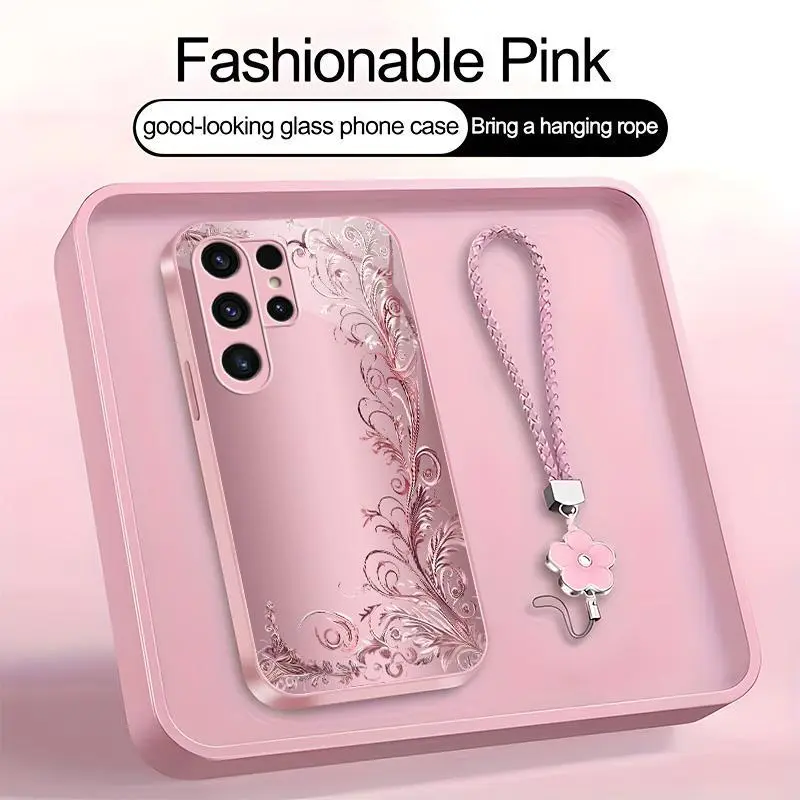 Suitable for [Galaxy S23 Ultra] high-end women's phone case🥰，a beautiful four-leaf clover lanyard is included🍀，minimalist, sophisticated floral pattern YM99