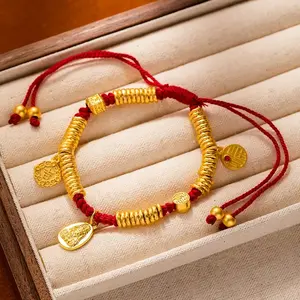 Yellow God of Wealth Red Rope Bracelet with Gold Beads and Charms for Decorative Use - Adjustable Hand Circumference & Symbol of Abundance