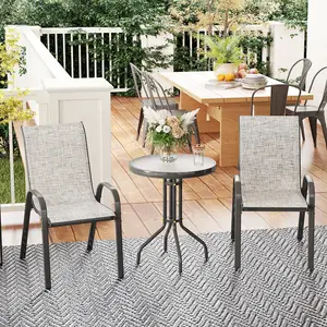 Outsunny 3 Pieces Outdoor Bistro Set, Small Patio Set with Stackable Mesh Chairs and Glass Top Table, High Back Patio Furniture Set for Backyard, Balcony, Garden