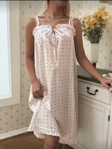 French Style Blue Polka Dot Satin Sleepwear, Butterfly Knot Shoulder Straps, Ruffled Hem Home Dress, Comfortable Nightgown