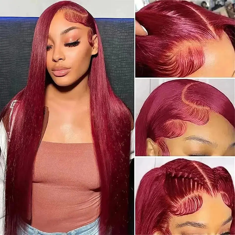 Yonova 99J Burgundy Straight Human Hair Lace Front Wig for Women, Soft Brazilian Human Hair with 13x6 HD Transparent Lace Pre-Plucked for a Natural Look for Wedding & Graduation, Dating, Female, Adjustable, Hd Lace