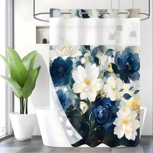 LVRLVR 1pc Luxury Oil Painting Style Blue White Gold Color Ink Wash Floral Pattern Double Layer Detachable C-Type Large Ring Hook-Free Decorative Shower Curtain 70.8"×74"(180×188cm) Bathroom Accessory