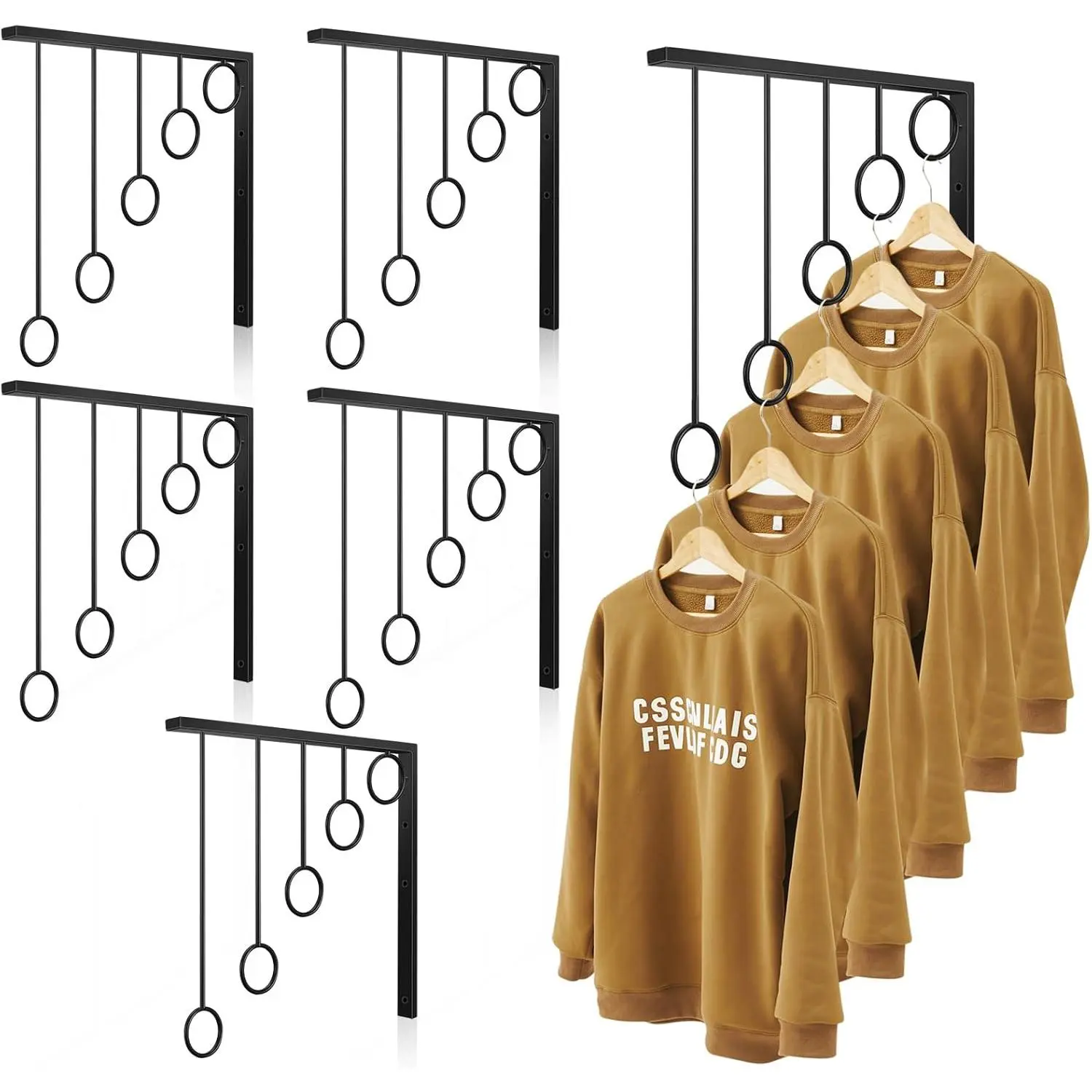6 count Clothing Display Rack Retail Clothing Rack Boutique Display Shelves Wall Mounted Metal Black Garment Hanger with 5 Hanging Rings for Boutique Shop Closet Retail Garment Laundry Balcony