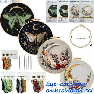 Elegant Butterfly and Moon Embroidery Kit Beginner Cross Stitch Set Printed Pattern Cotton Fabric with Threads and Needles DIY Hand Embroidery Craft Kit for Home Decor Sewing Art Relaxing Hobby Gift for Adults and Beginners
