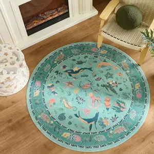 Round Carpet with Ocean Life Print, Soft Non-Shedding Home Decor Rug, Living Room Sofa Mat, Bedroom Bedside Blanket, Multiple Sizes Available, Home Decorative Rug