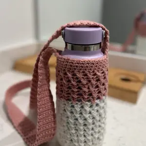 Crochet Water Bottle Holder - Purple & white design,Strap, Ideal for Drinkware and Tumbler Use