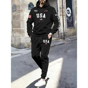 Men’s flag letter print hoodie set, casual sports pants, outdoor sports, comfortable soft fabric, autumn and winter clothing, sports set