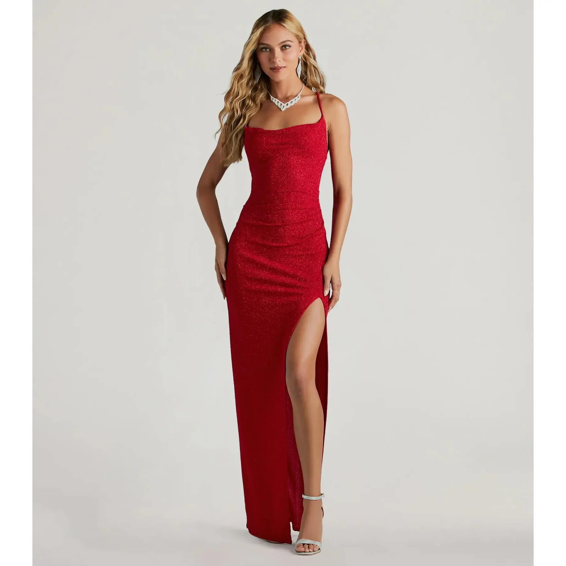 Amirah Formal Glitter Cowl Neck Column Dress