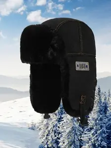 Unisex Thickened Feng Shui Hat, Faux Fur Patch Chain Design, Windproof Warm Ear Protector for Cycling & Skiing