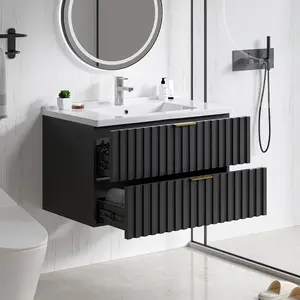 【Valentine's Day gift】ONBRILL 30/36 Inch Bathroom Vanity with Sink Combo, Floating Bathroom Vanity with 2 Fluted Drawers & Metal Handle, Modern Wall Mount Storage Cabinet with Ceramic Integrated Sink for Small Space